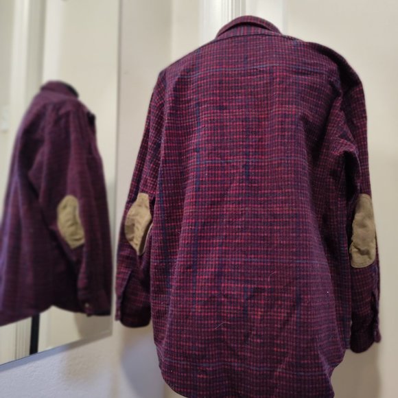 plaid burgundy wool Pendleton overshirt with leather elbow patches - Picture 3 of 5